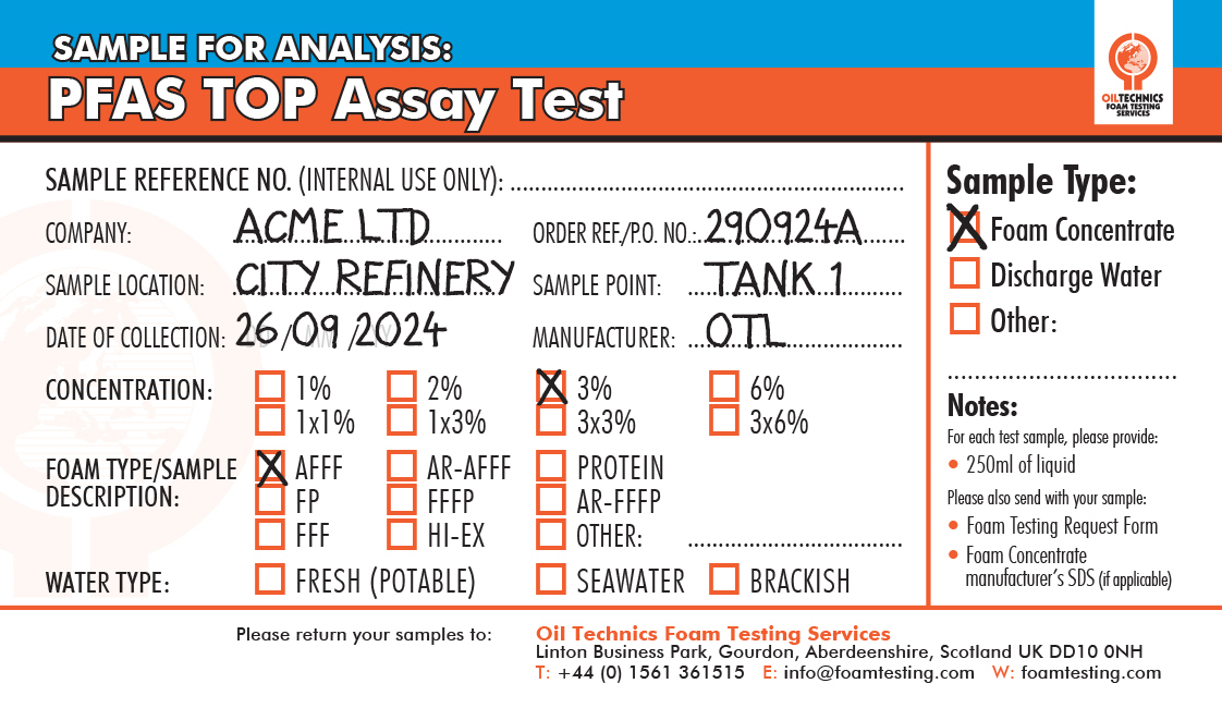 PFAS TOP Assay Testing - Oil Technics - Foam Testing Services
